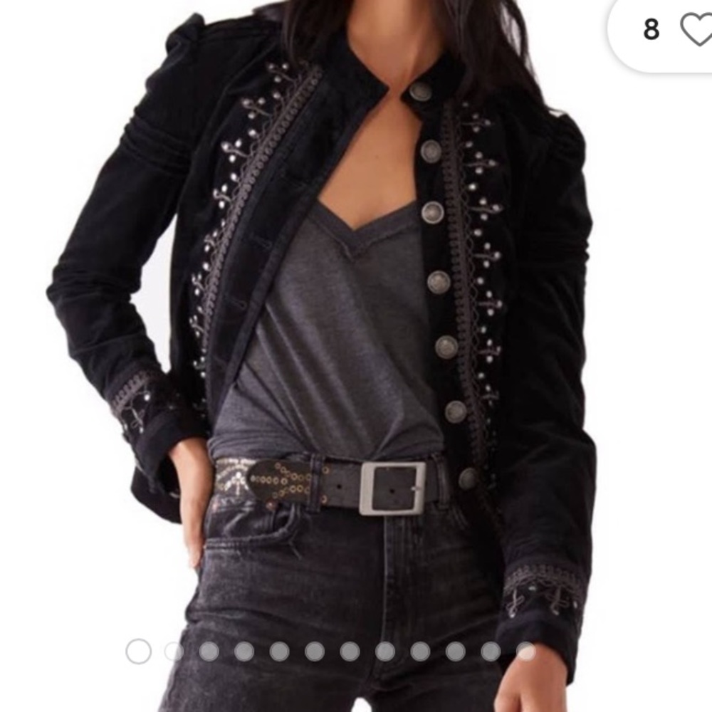 Free people black embroidered velvet blazer. Military style with stud detail